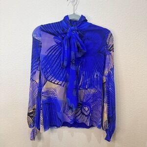 Fuzzi Y2K Tulle Mesh Blue Abstract Balloon Sleeve Top XS Italy Sheer Retro Party